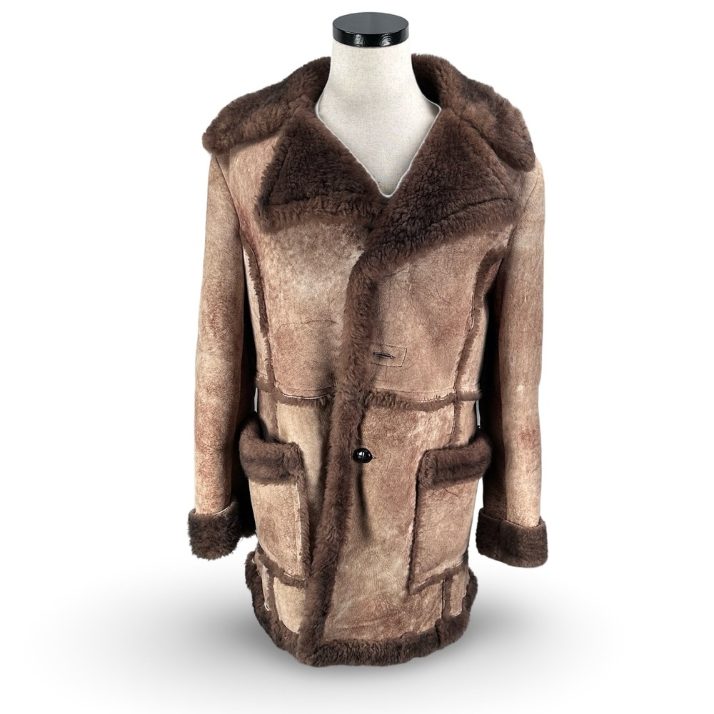 Lawrence Genuine Shearling Rancher Coat Mens 44 Tan Brown Sheepskin USA Tanned
